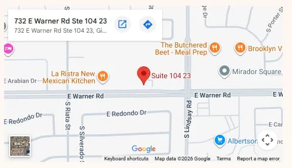 Map showing Salon Lola at 732 E Warner Rd, Suite 104, Gilbert, AZ