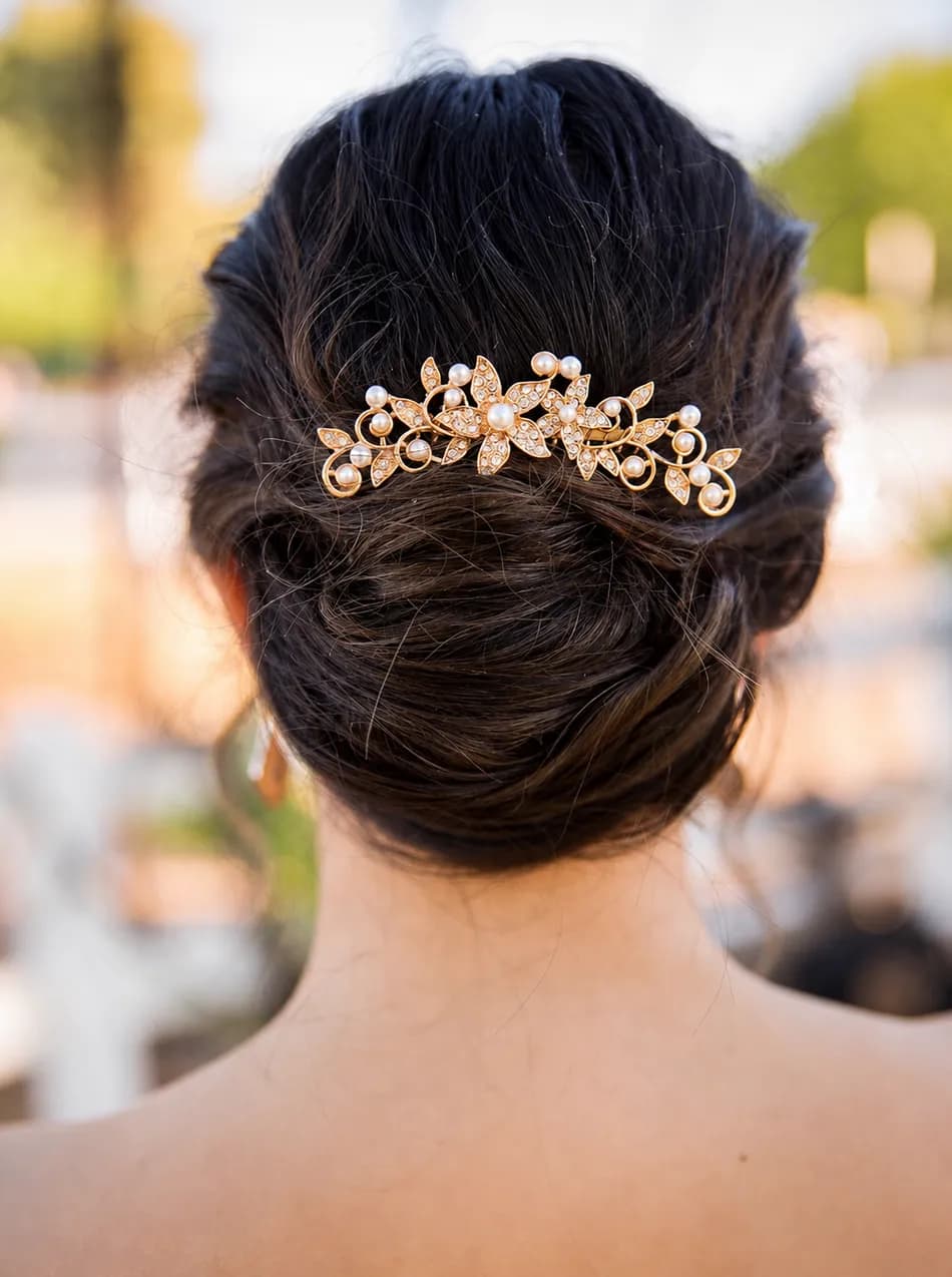 Elegant bridal up-do with gold hair accessory