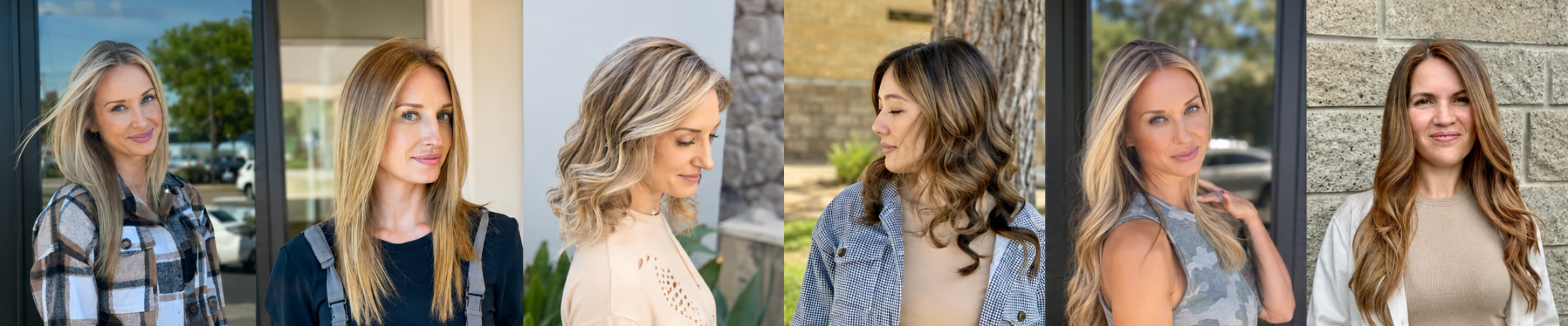 Collage of six Salon Lola clients showing blonde balayage, brunette dimensional color, and layered haircuts in Gilbert, Arizona